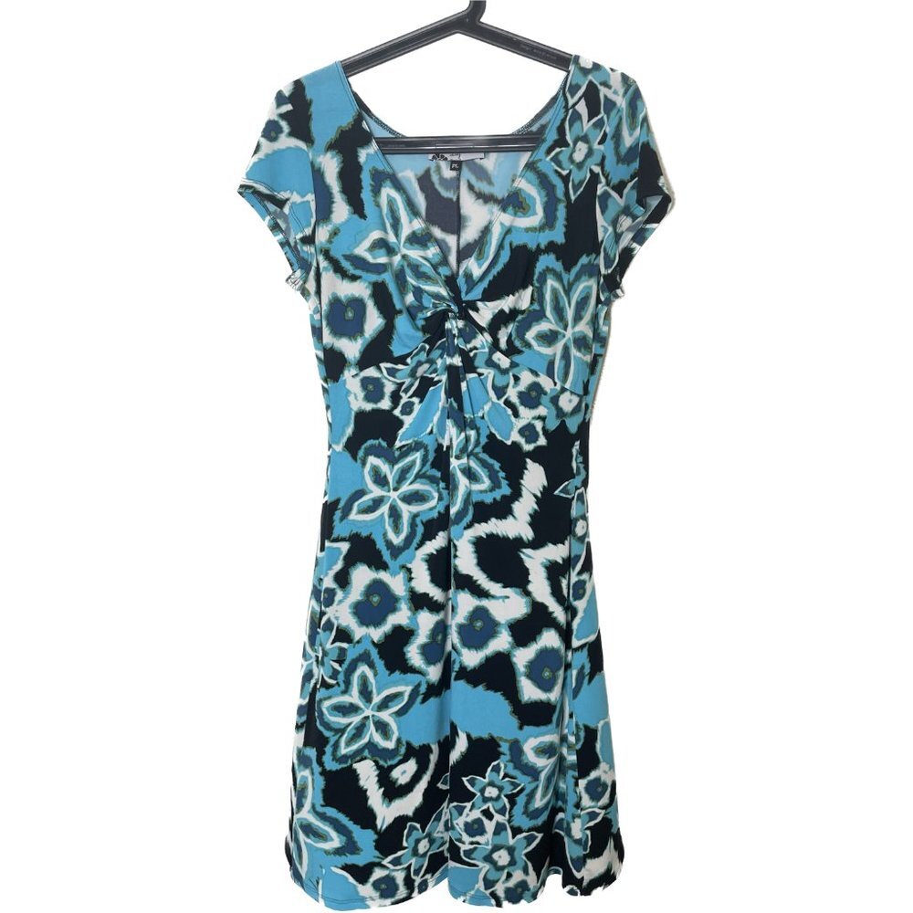 Lily Packable Blue Black Floral Short Sleeve Midi Dress Sz PL Vacay Chic